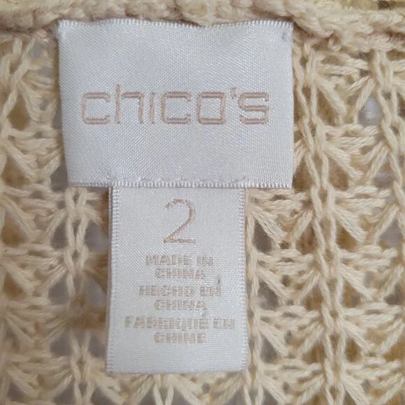 Chico's 2 Size L Cardigan Open Leslie Lace Front Long Jacket Cotton Blend Beige - Picture 4 of 10